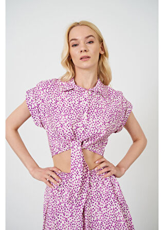 Önden Bağlamalı Çıtır Desen Kısa Gömlek 