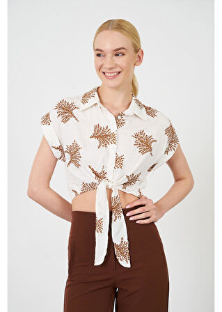 Önden Bağlamalı Baskılı Keten Görünümlü Gömlek 