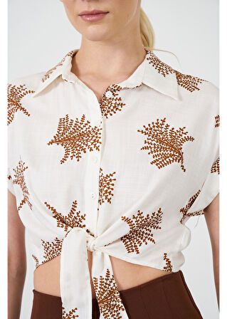 Önden Bağlamalı Baskılı Keten Görünümlü Gömlek 