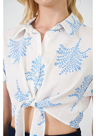 Önden Bağlamalı Baskılı Keten Görünümlü Gömlek 