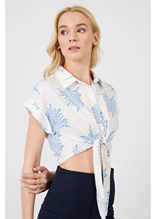 Önden Bağlamalı Baskılı Keten Görünümlü Gömlek 