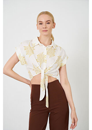 Önden Bağlamalı Baskılı Keten Görünümlü Gömlek 