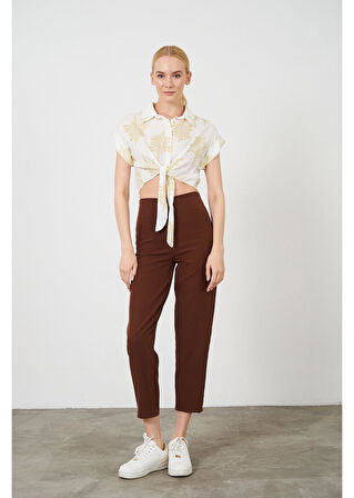 Önden Bağlamalı Baskılı Keten Görünümlü Gömlek 