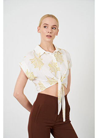 Önden Bağlamalı Baskılı Keten Görünümlü Gömlek 