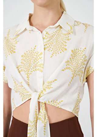 Önden Bağlamalı Baskılı Keten Görünümlü Gömlek 