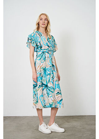 Beli Bağcıklı Baskılı Elbise