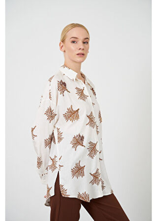 Ağaç Baskılı Taş İşlemeli Keten Görünümlü Gömlek 