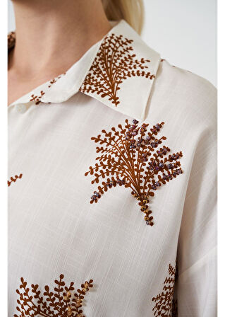 Ağaç Baskılı Taş İşlemeli Keten Görünümlü Gömlek 