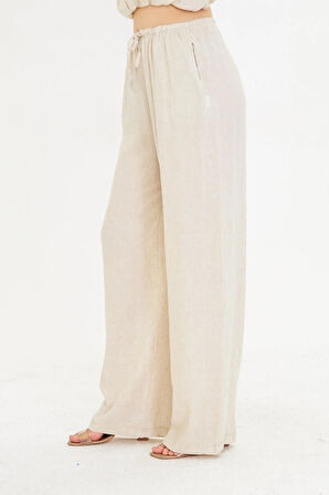 Dar Kemerli Keten Görünümlü Pantolon