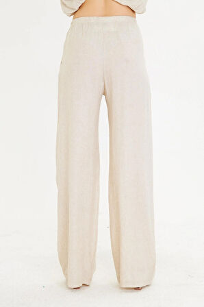 Dar Kemerli Keten Görünümlü Pantolon