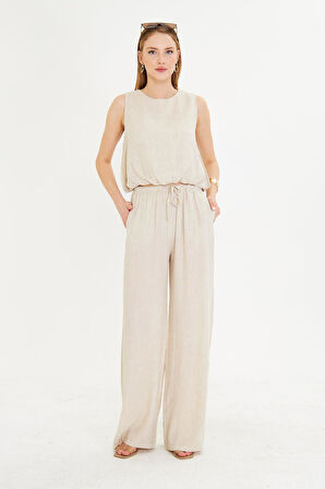 Dar Kemerli Keten Görünümlü Pantolon