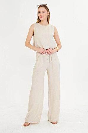 Dar Kemerli Keten Görünümlü Pantolon