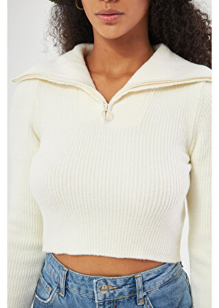 Fermuarlı Crop Triko Kazak 