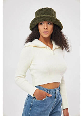 Fermuarlı Crop Triko Kazak 