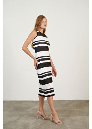 Çizgili Sıfır Kol Elbise