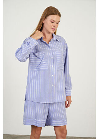 Çizgili Cepli Düşük Kol Gömlek 
