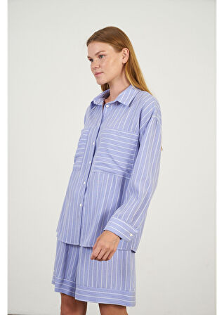 Çizgili Cepli Düşük Kol Gömlek 