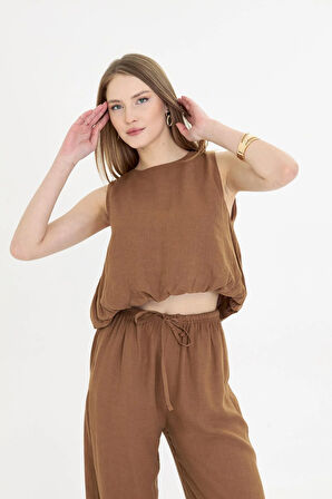 Sıfır Kol Eteği Balon Keten Görünümlü Bluz 