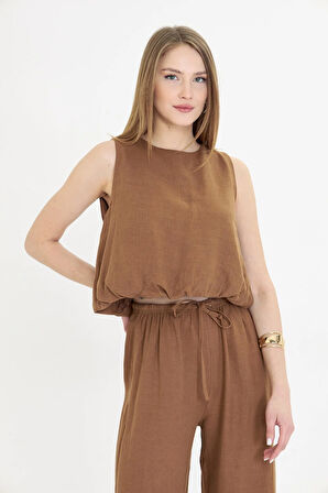 Sıfır Kol Eteği Balon Keten Görünümlü Bluz 