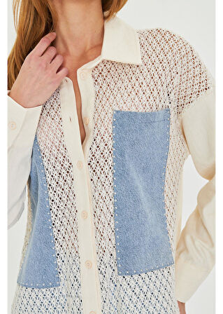 Cep Detaylı Dantelli Gabardin Gömlek 