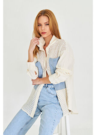 Cep Detaylı Dantelli Gabardin Gömlek 