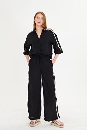 Örme Aksesuar Detaylı Keten Görünümlü Gömlek 