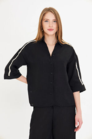 Örme Aksesuar Detaylı Keten Görünümlü Gömlek 