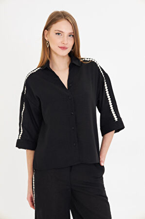 Örme Aksesuar Detaylı Keten Görünümlü Gömlek 