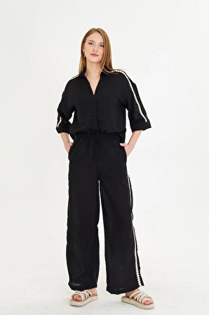 Örme Aksesuar Detaylı Keten Görünümlü Gömlek 