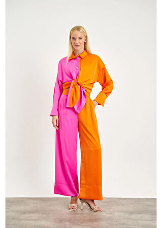 Pileli Çift Renk Saten Pantolon