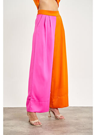 Pileli Çift Renk Saten Pantolon