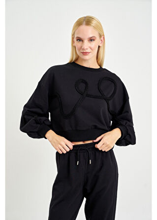 Örgü İşlemeli Üç İplik Sweatshirt