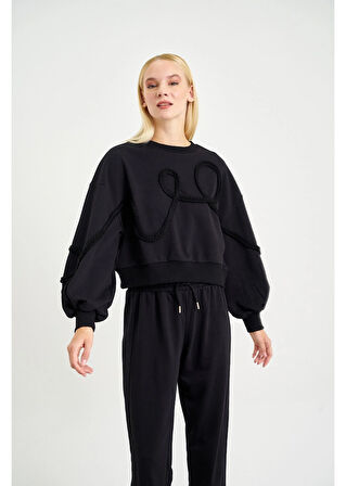 Örgü İşlemeli Üç İplik Sweatshirt