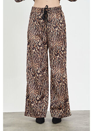 Leopar Desen Lastikli Saten Pantolon 