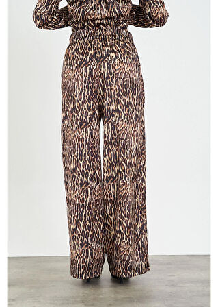 Leopar Desen Lastikli Saten Pantolon 