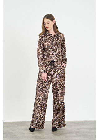 Leopar Desen Kısa Saten Gömlek 