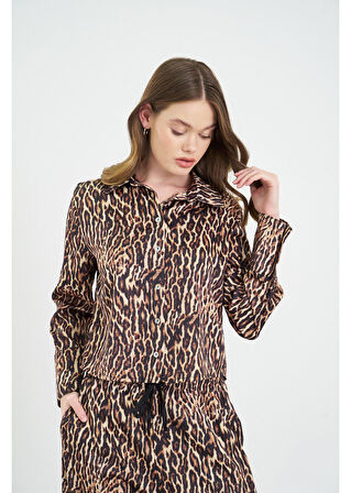 Leopar Desen Kısa Saten Gömlek 