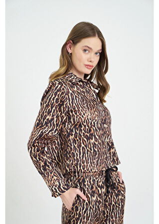 Leopar Desen Kısa Saten Gömlek 