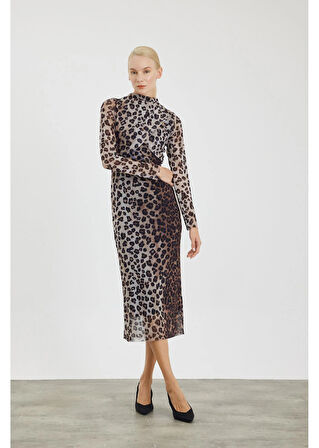 Leopar Desen Allerli Tül Elbise