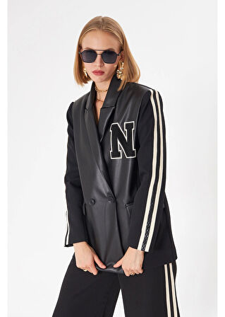 Kolları Şeritli Deri Garnili Atlas Ceket 