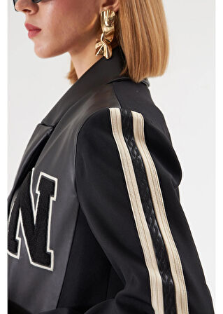 Kolları Şeritli Deri Garnili Atlas Ceket 