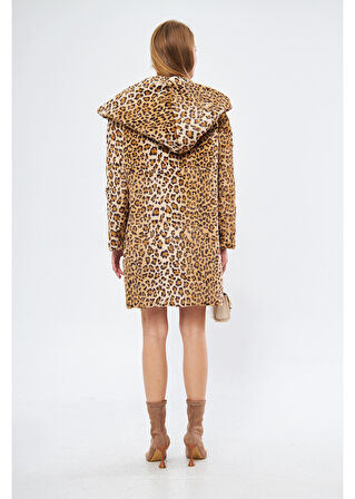 Kapüşonlu Cepli Leopar Peluş Kürk 