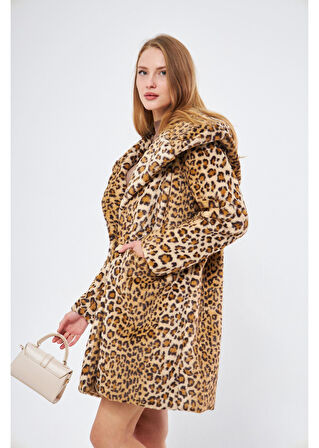 Kapüşonlu Cepli Leopar Peluş Kürk 