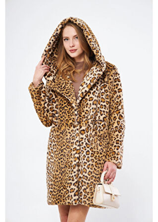 Kapüşonlu Cepli Leopar Peluş Kürk 