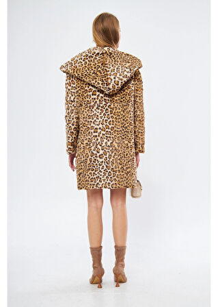 Kapüşonlu Cepli Leopar Peluş Kürk 