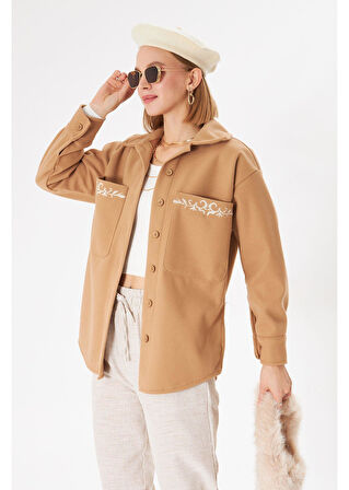 Kalpli Nakışlı Kaşe Gömlek 