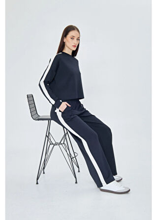 Şeritli Scuba Modal Crop Sweatshirt 