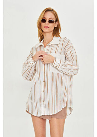 Çizgili Modal Dantel Garnili Gömlek 