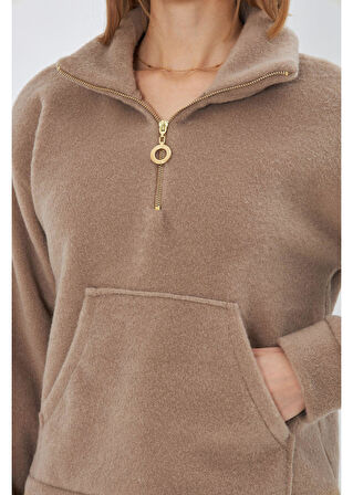 Önü Yarım Fermuarlı Kaşe Sweatshirt 