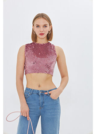 Sıfır Kol Pul Payet Bluz 